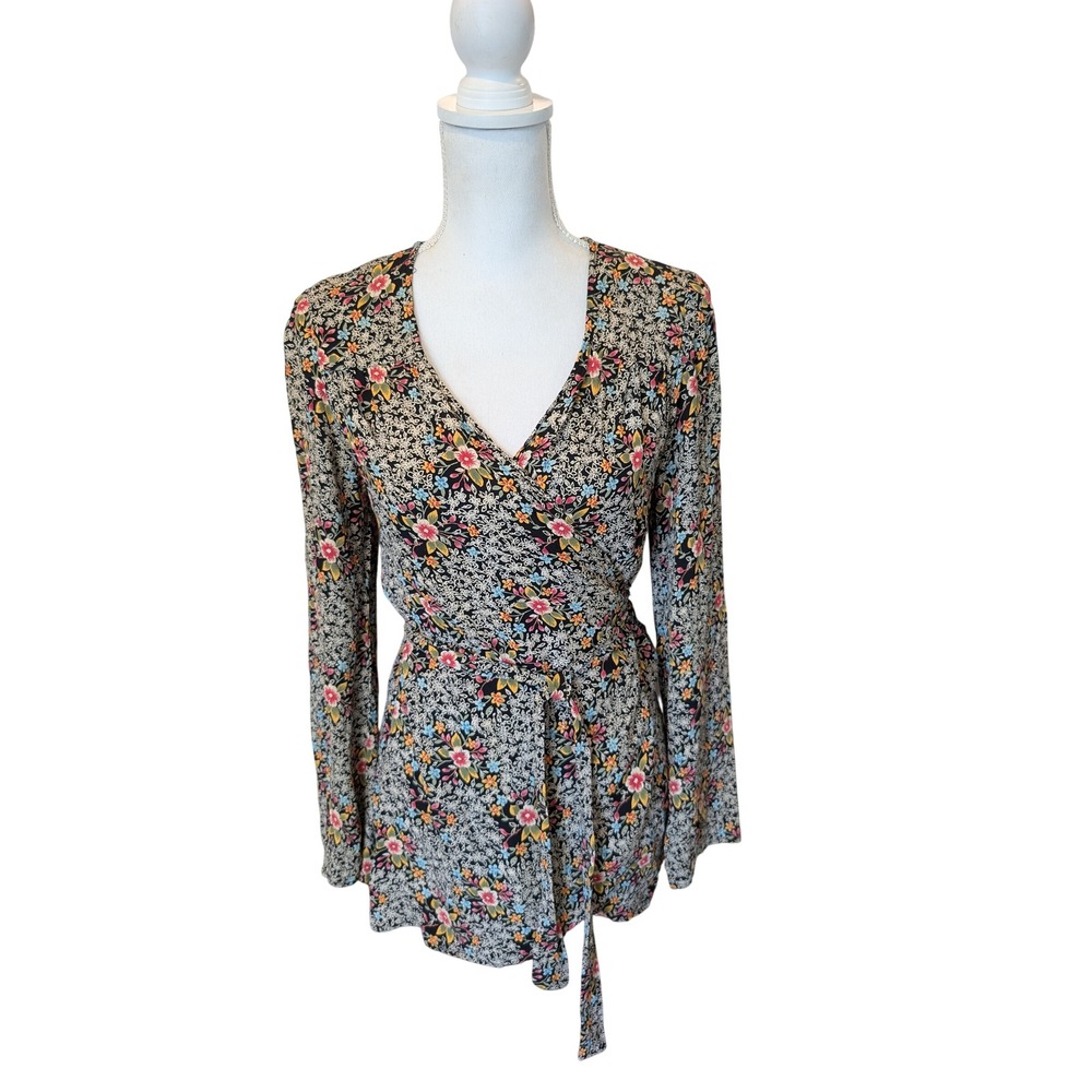 Loco Lindo Womens Wrap Top Long Sleeve Floral Rayon Red Black V-Neck Small